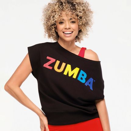 Zumba Explore Off The Shoulder Short Sleeve Sweatshirt - Bold Black