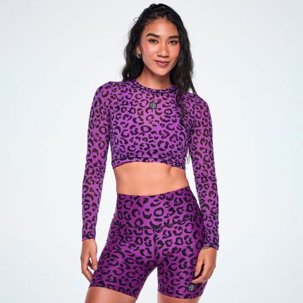 Ultrabright Long Sleeve Mesh Crop Top - Green/Black